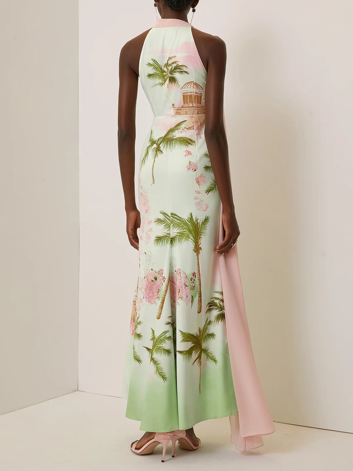 Green Floral Satin Halter Sleeveless A-Line Maxi Dress