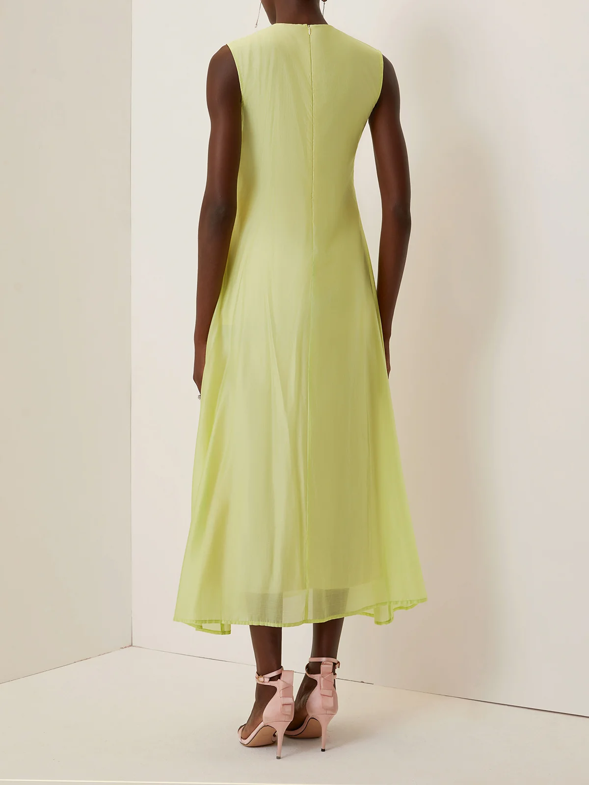 Yellow Embroidery Floral Classic Crew Neck Sleeveless A-Line Maxi Dress