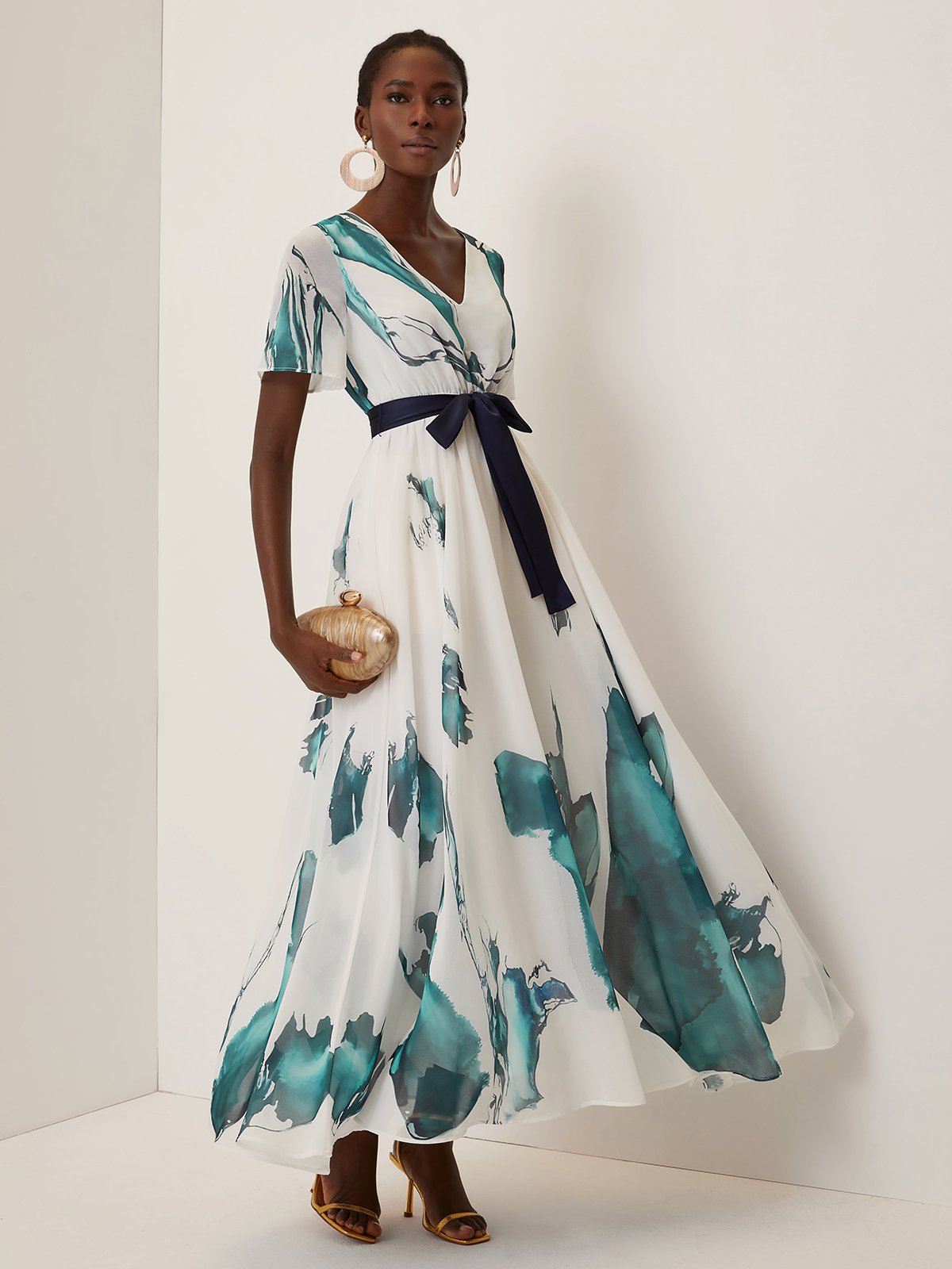 Blue Printing Chiffon V Neck Short Sleeve A-Line Maxi Dress