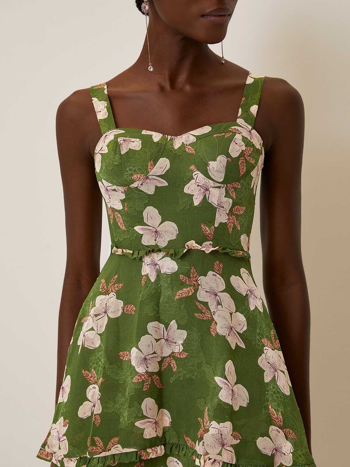 Green Jacquard Tiered Classic Spaghetti Sleeveless A-Line Midi Dress