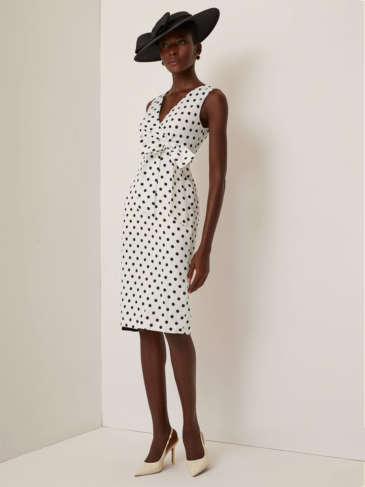 White Bow Printing Classic V Neck Sleeveless Sheath Midi Dress