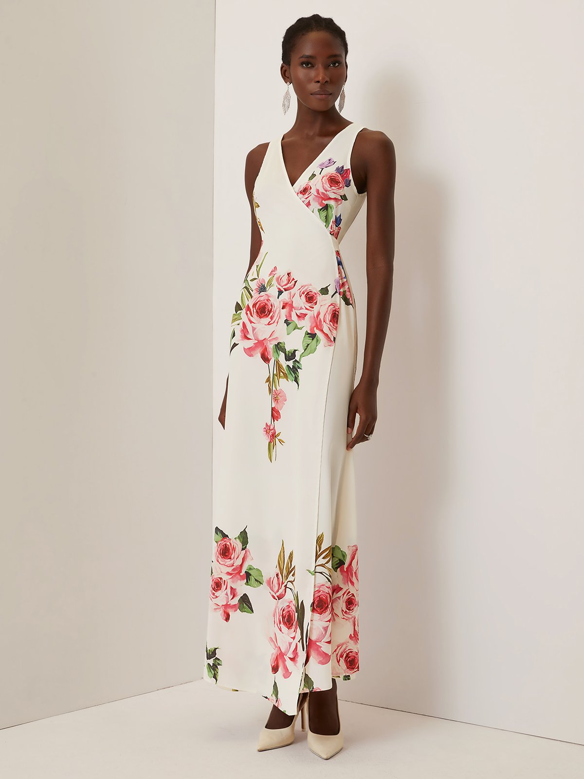 Pink Cross Floral Wrap Dress V Neck Sleeveless Mermaid Gown Dress
