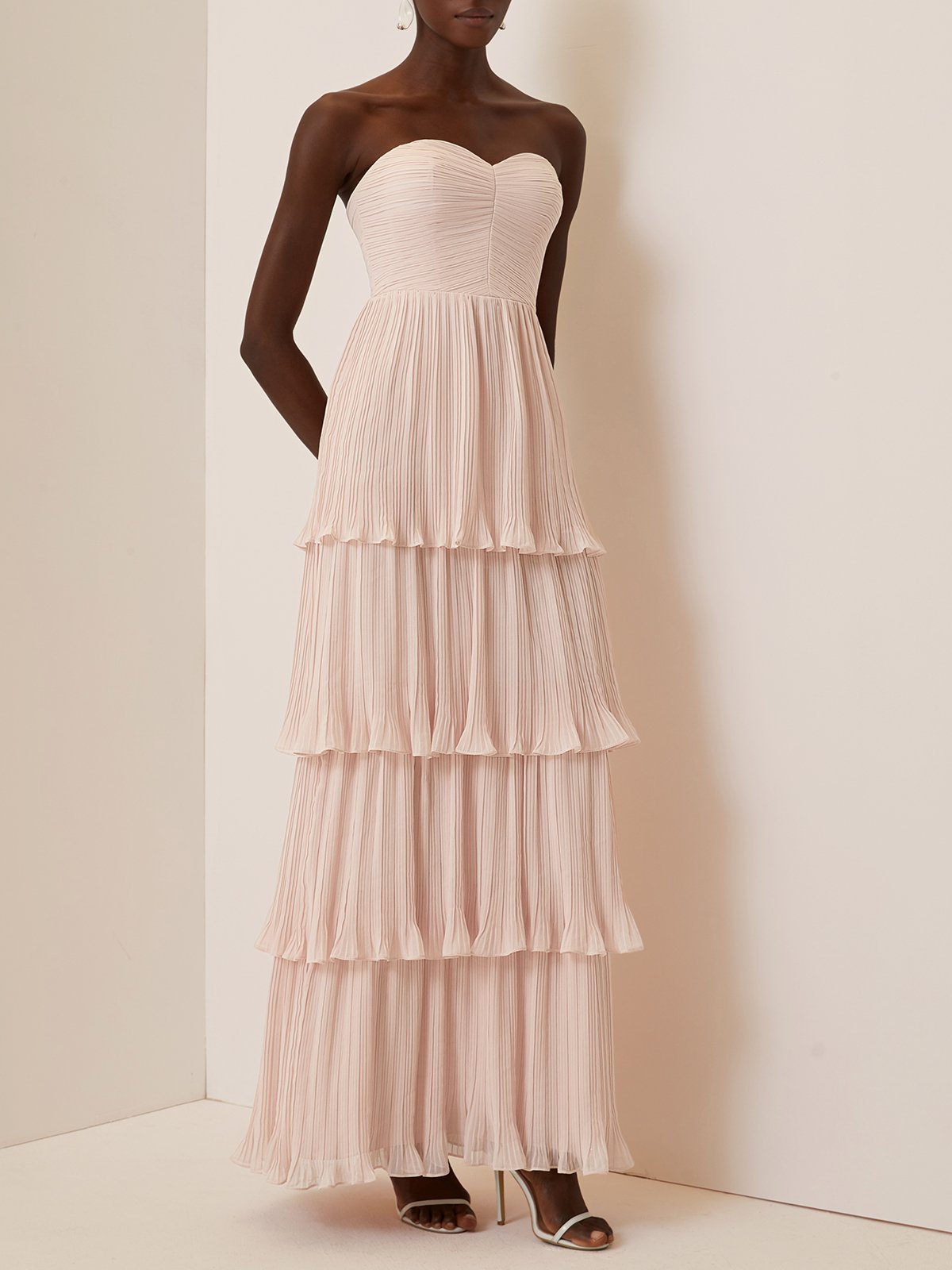 Light Pink Ruched Classic Off The Shoulder Short Sleeve A-Line Maxi Dress