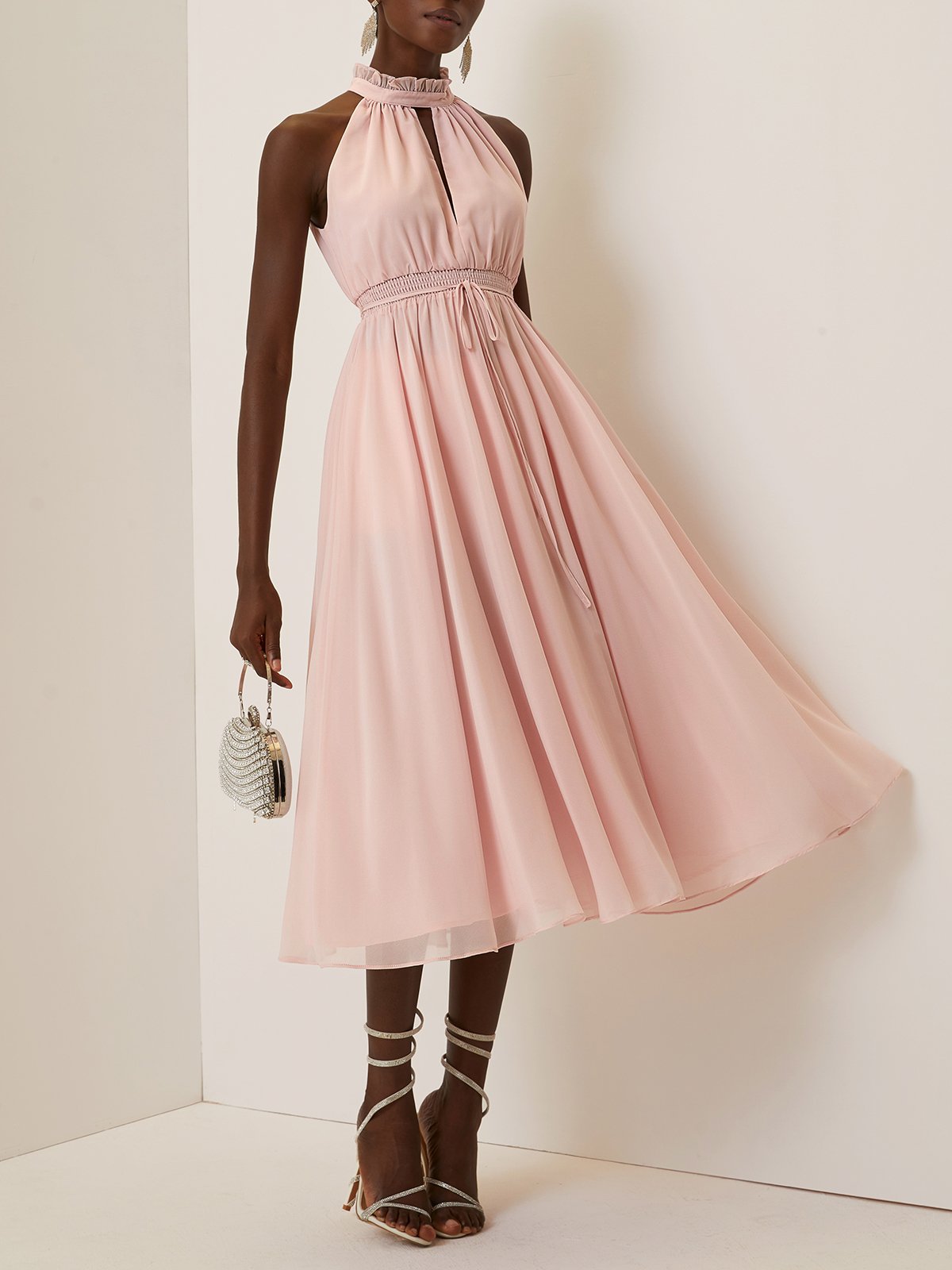 Pink Scramble Peplum Chiffon Lotus Leaf Collar Sleeveless A-Line Maxi Dress
