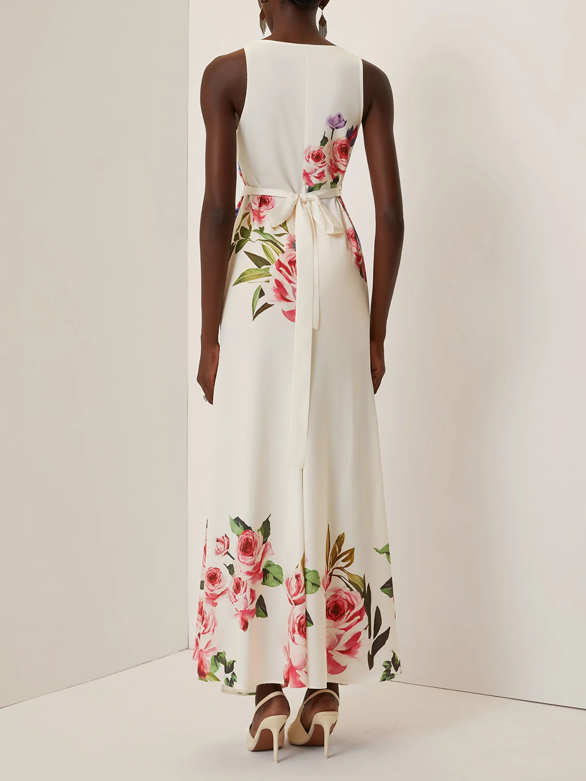 Pink Cross Floral Wrap Dress V Neck Sleeveless Mermaid Gown Dress