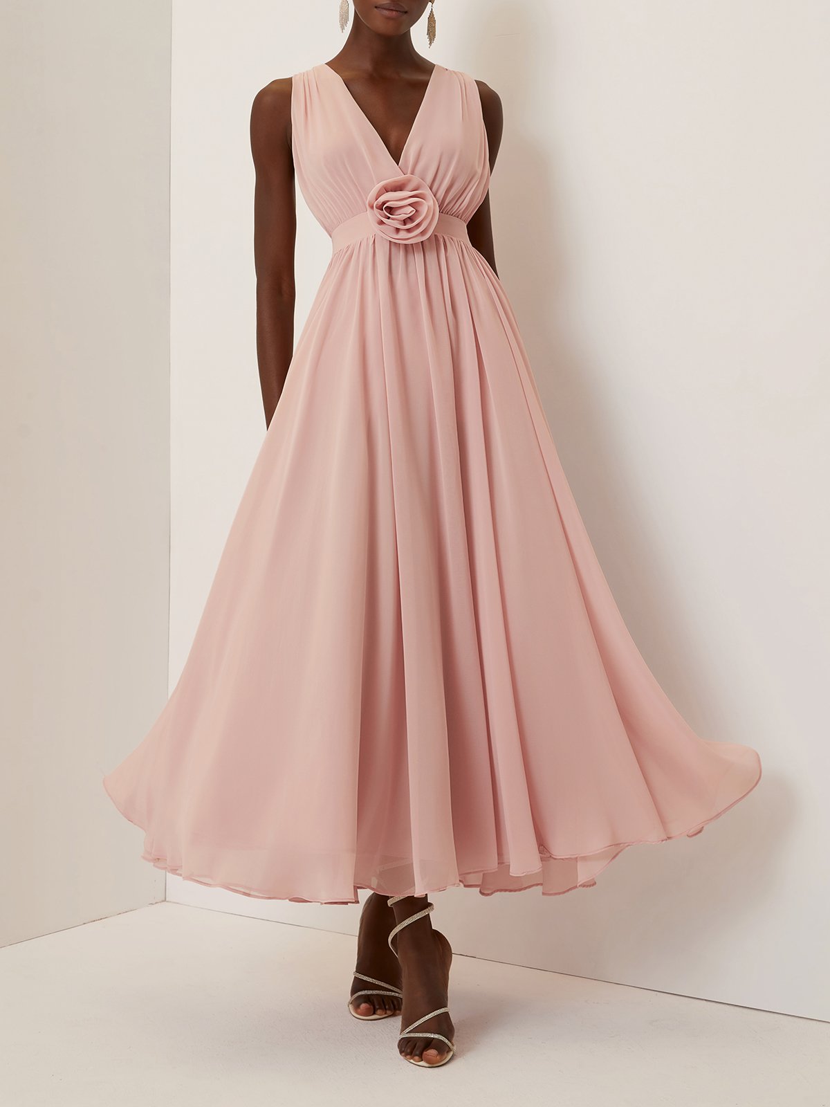 Pink 3D Floral Ruched Chiffon V Neck Sleeveless A-Line Maxi Dress