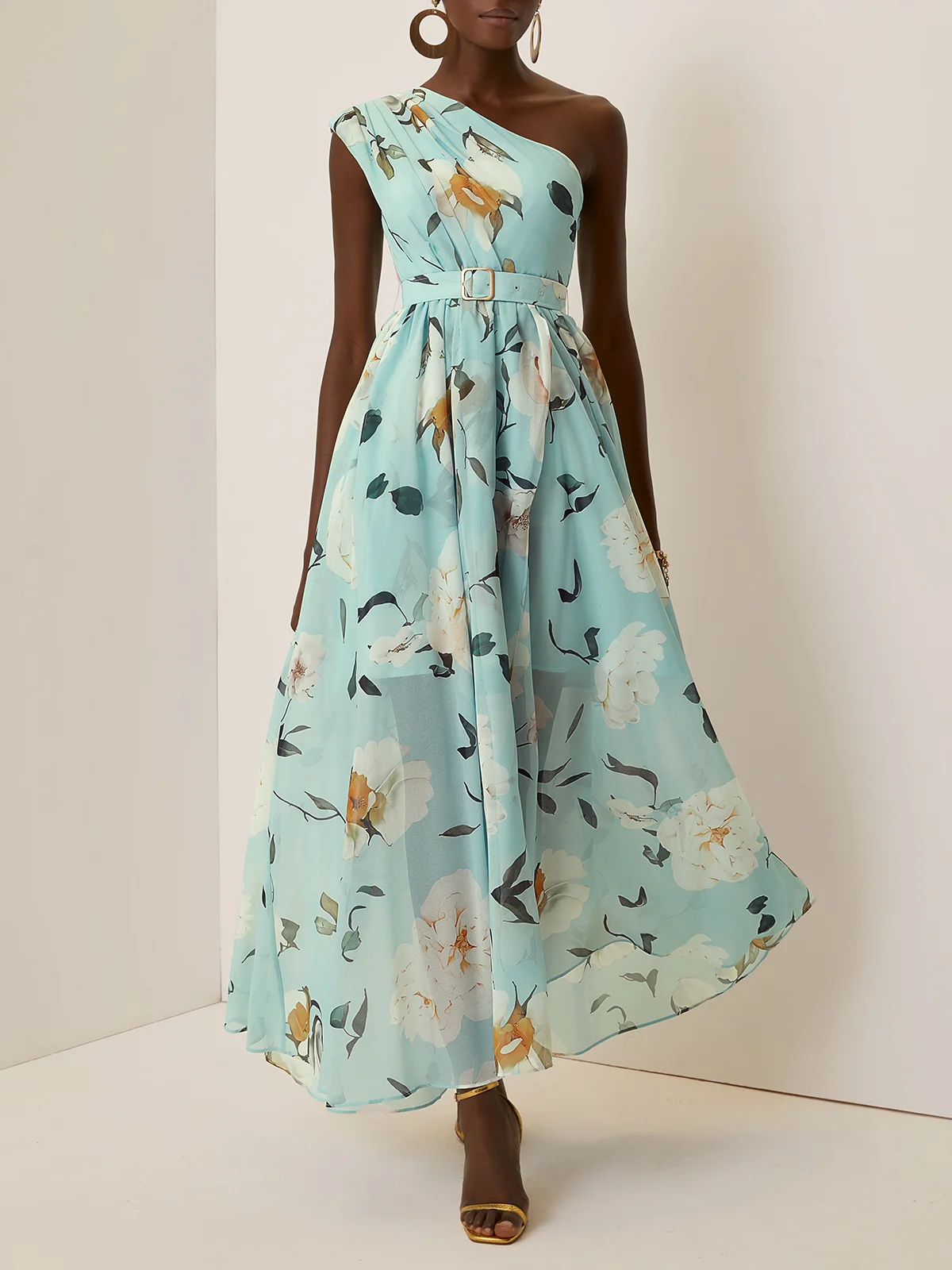 Light Green Floral Ruched One Shoulder A-Line Maxi Chiffon Dress