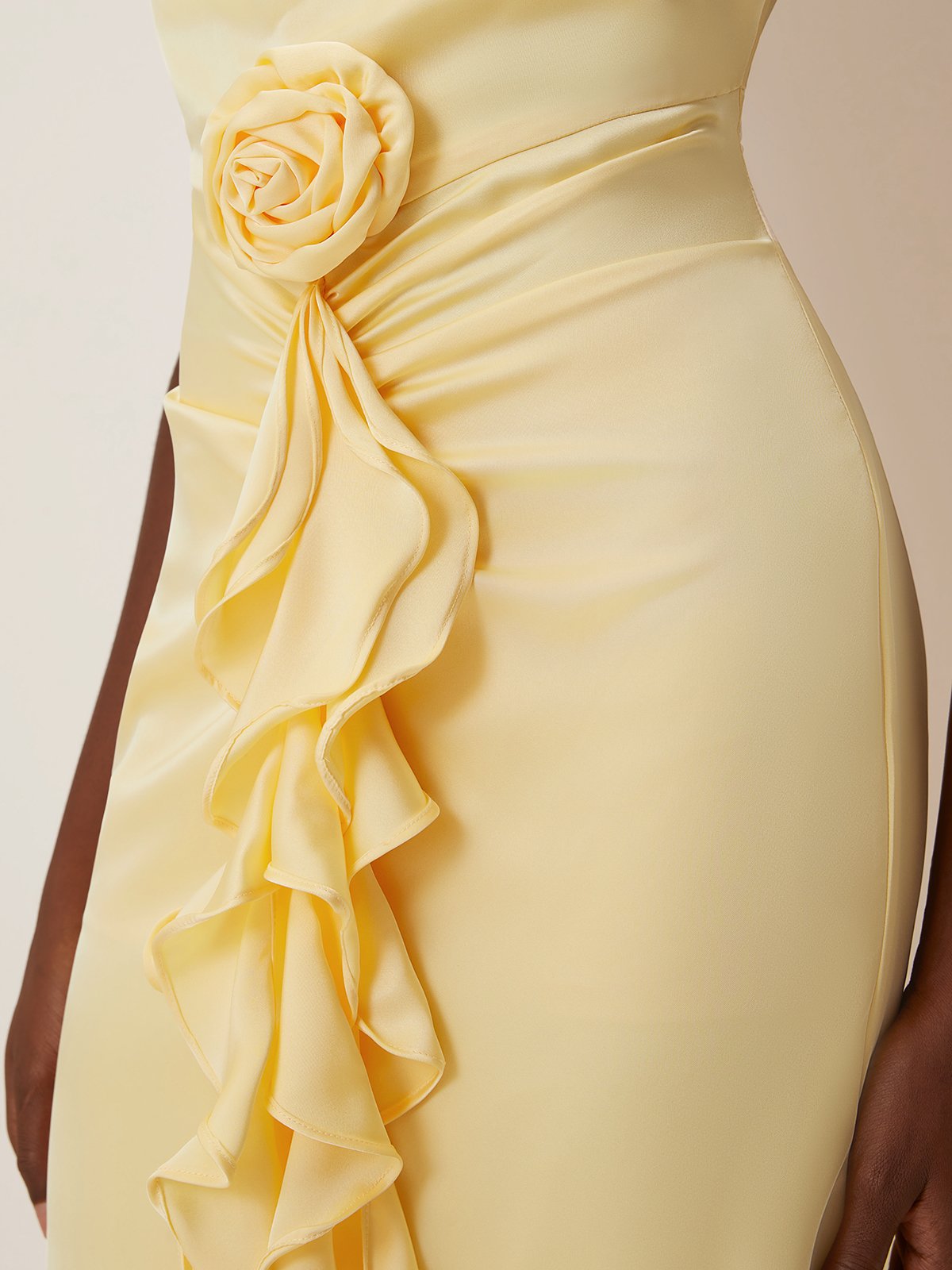 Yellow 3D Floral Peplum Satin Cowl Neck Sleeveless Mermaid Maxi Dress