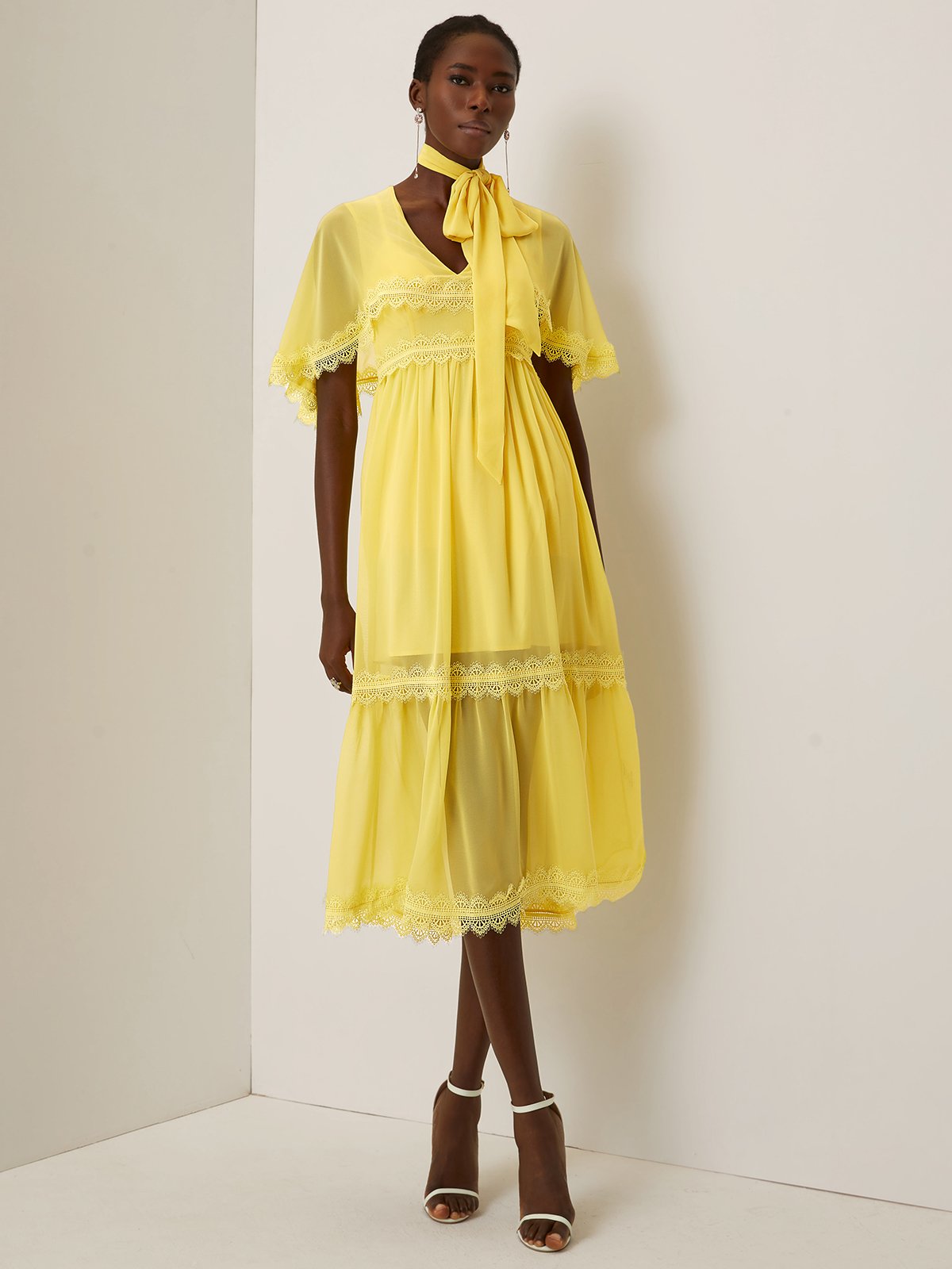 Yellow Lace Bow Chiffon V Neck Half Sleeve Raglan Sleeves A-Line Midi Dress