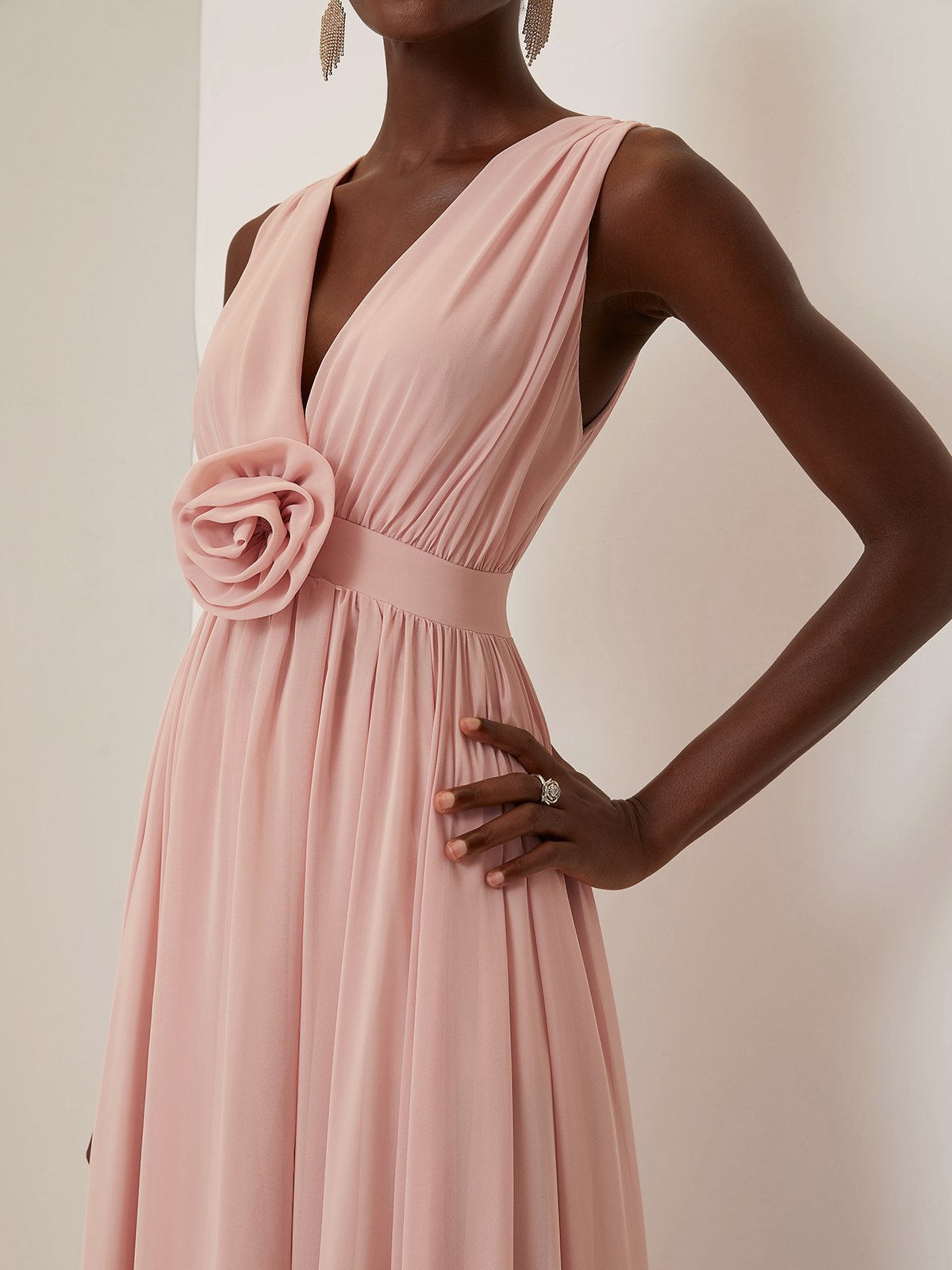 Pink 3D Floral Ruched Chiffon V Neck Sleeveless A-Line Maxi Dress