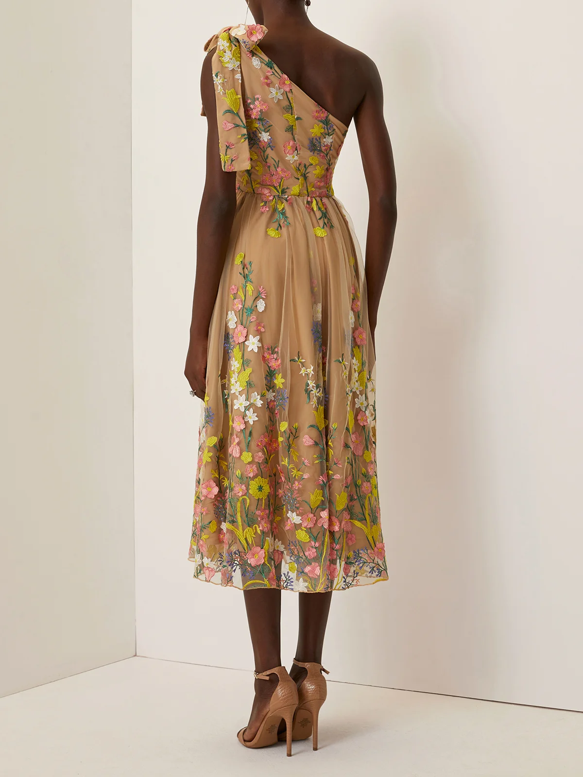 Green Embroidery Floral Classic One Shoulder Sleeveless A-Line Midi Dress