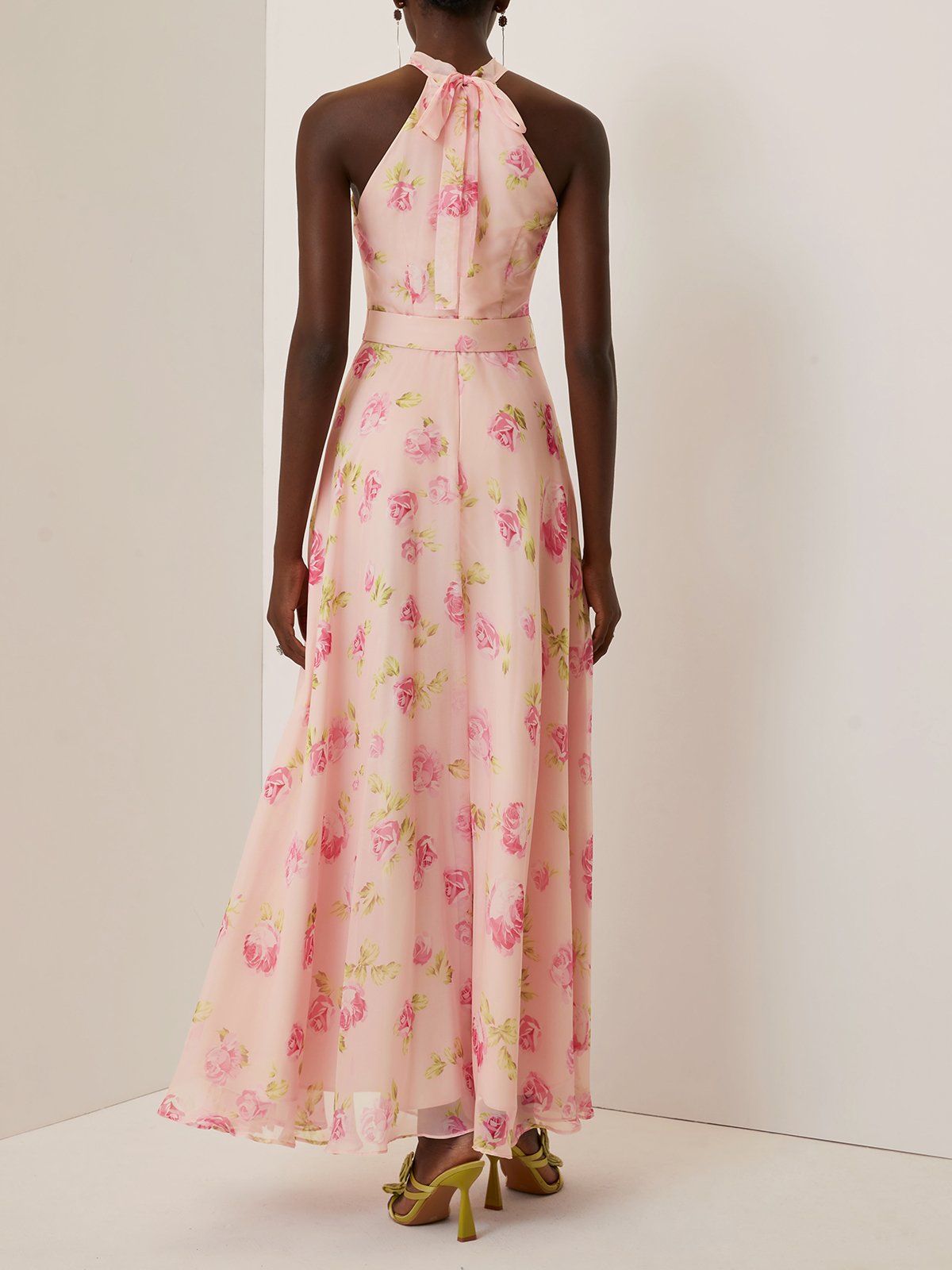 Pink Floral Chiffon Halter Sleeveless A-Line Maxi Dress