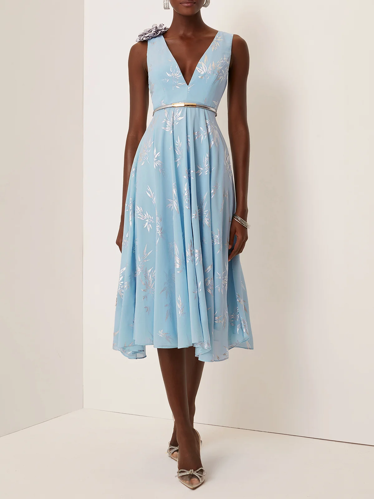 Light Blue 3D Floral Chiffon V Neck Sleeveless A-Line Midi Dress