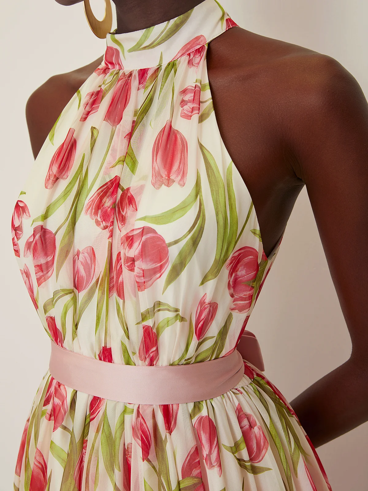 Pink Pleated Floral Chiffon Halter Sleeveless A-Line Mock Neck Maxi Dress