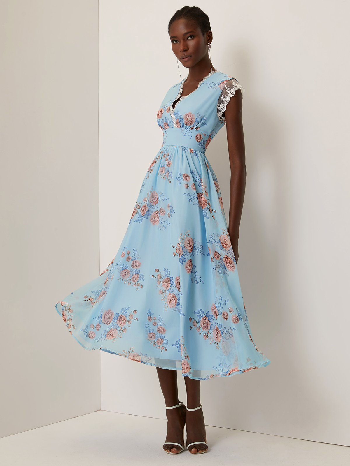 Light Blue Floral Lace Chiffon V Neck Cap Sleeve A-Line Maxi Dress
