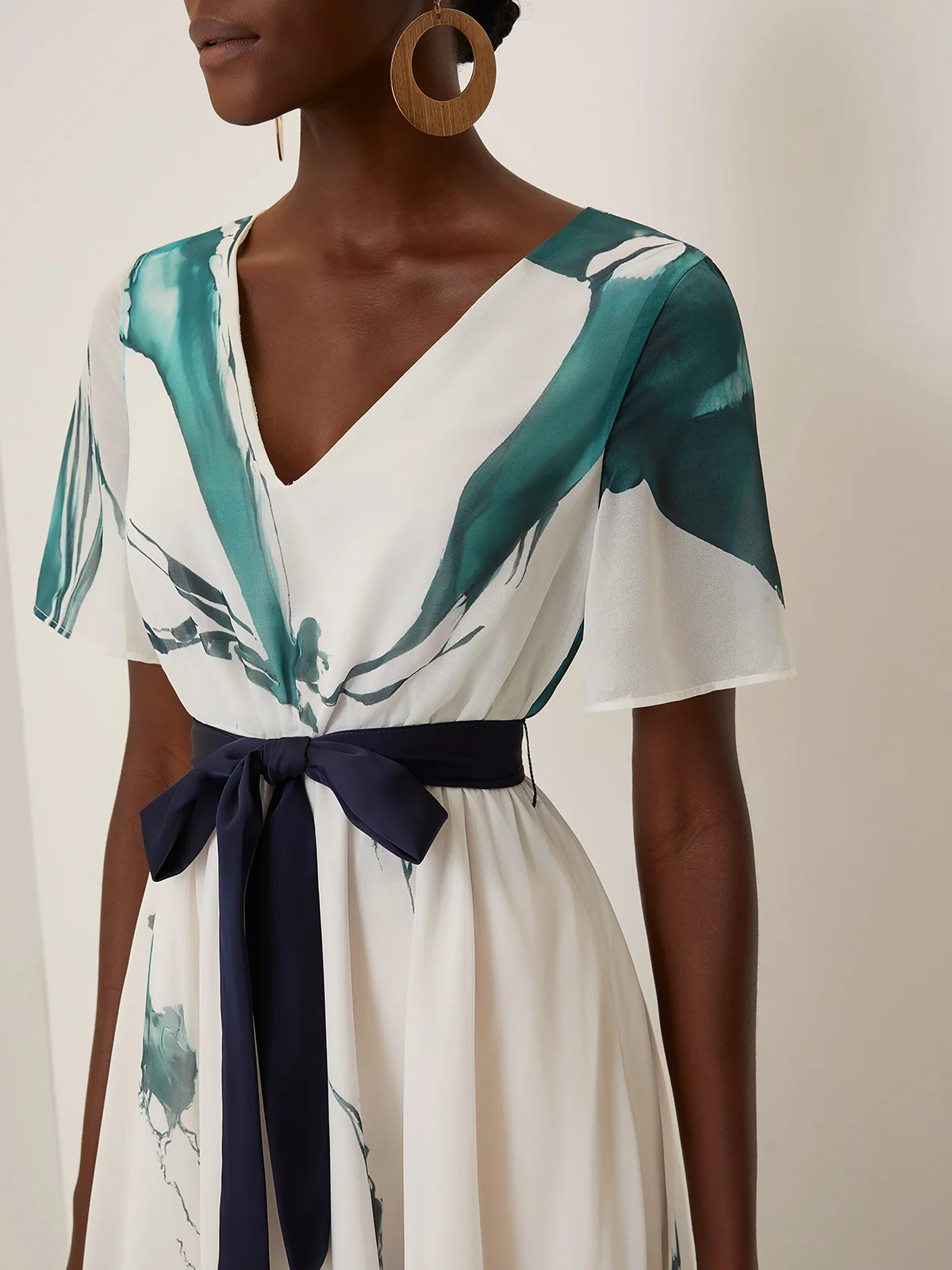 Blue Printing Chiffon V Neck Short Sleeve A-Line Maxi Dress