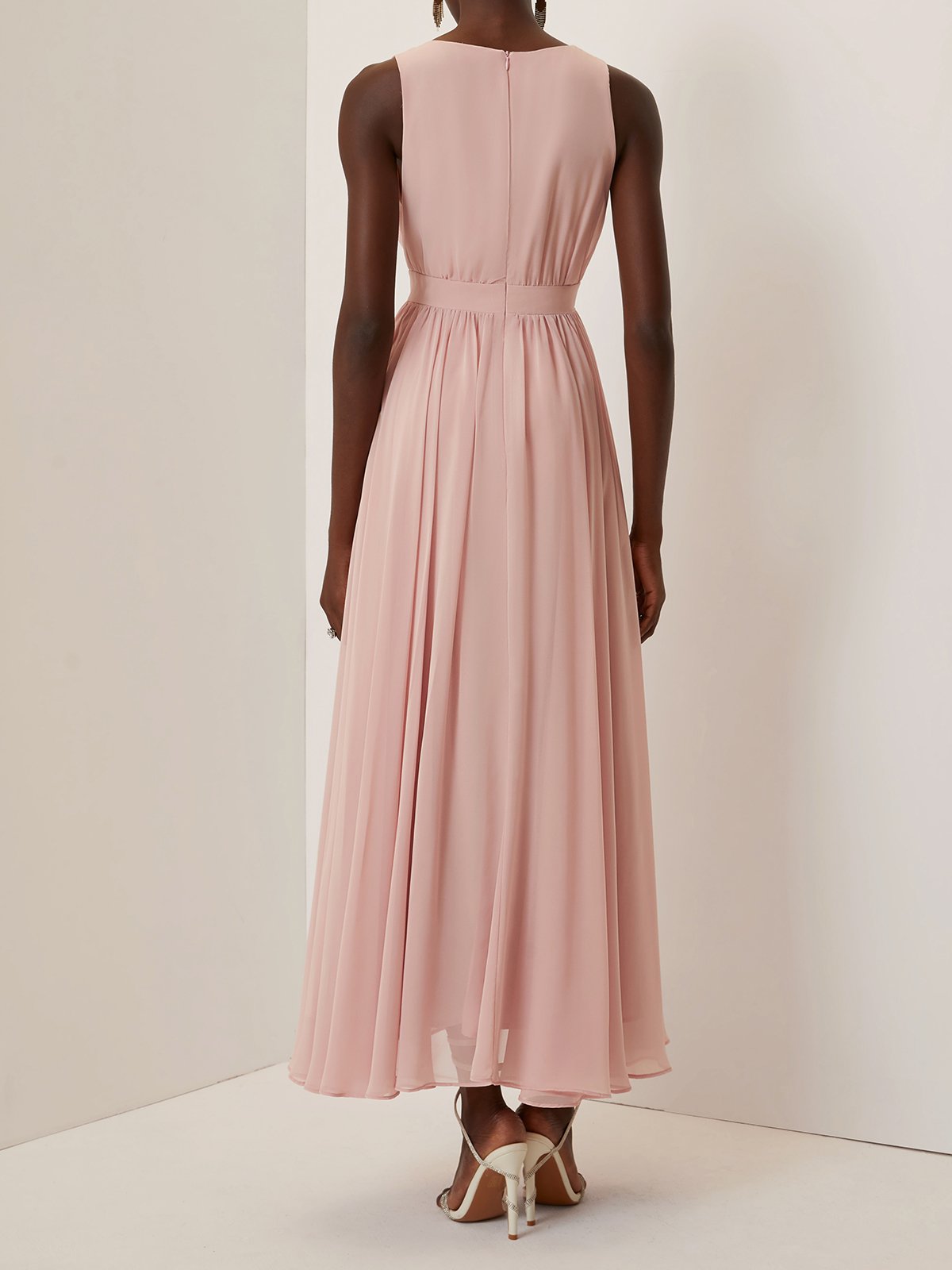 Pink 3D Floral Ruched Chiffon V Neck Sleeveless A-Line Maxi Dress