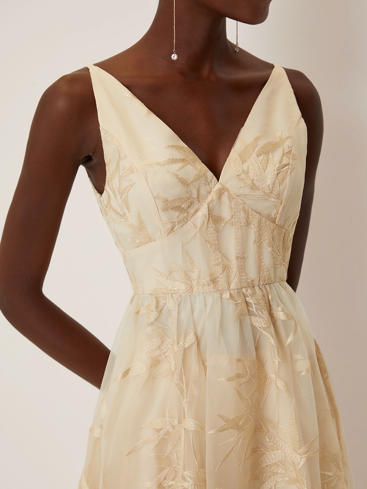 Beige Embroidery Mesh Classic V Neck Sleeveless A-Line Midi Dress
