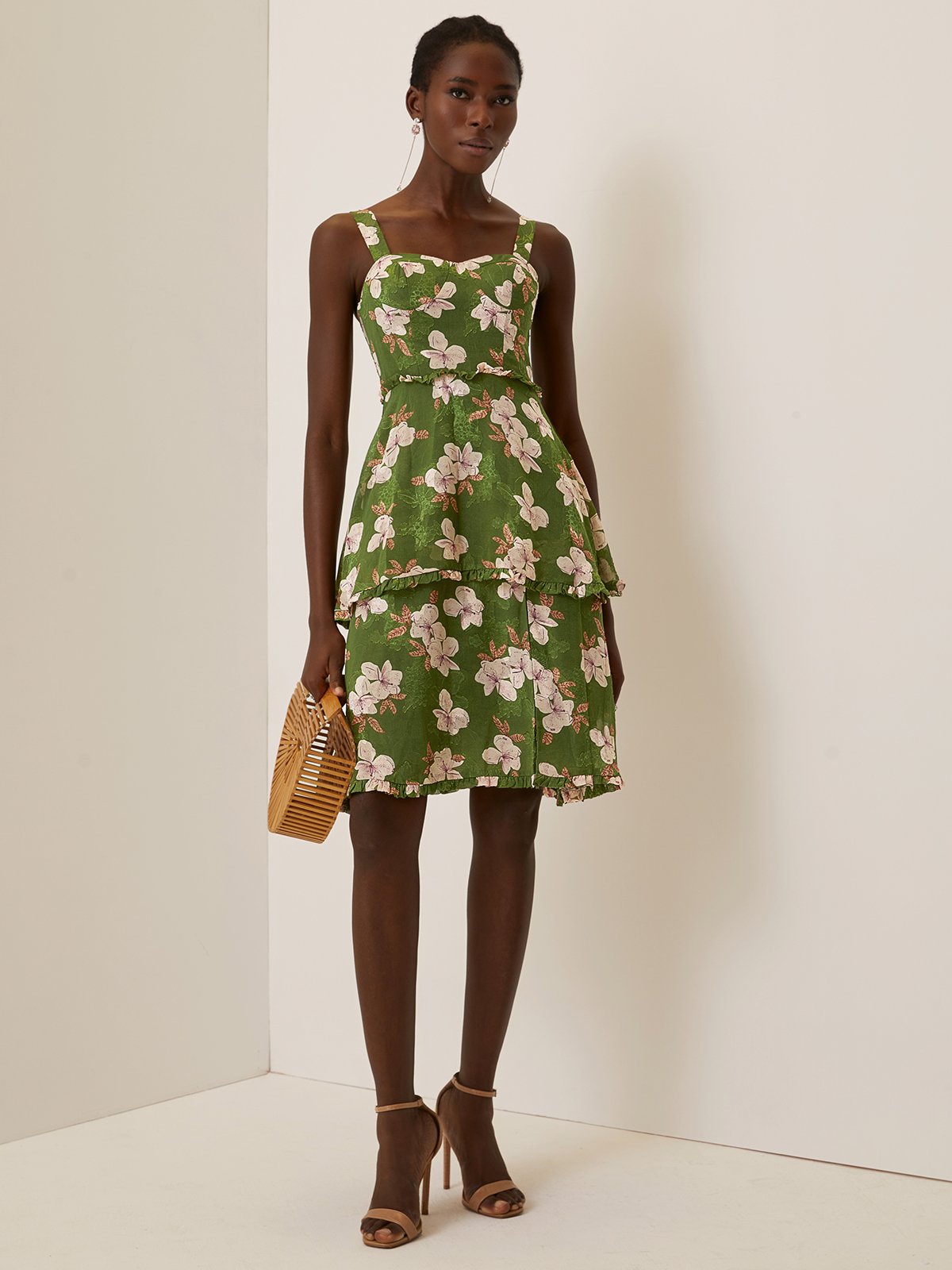 Green Jacquard Tiered Classic Spaghetti Sleeveless A-Line Midi Dress