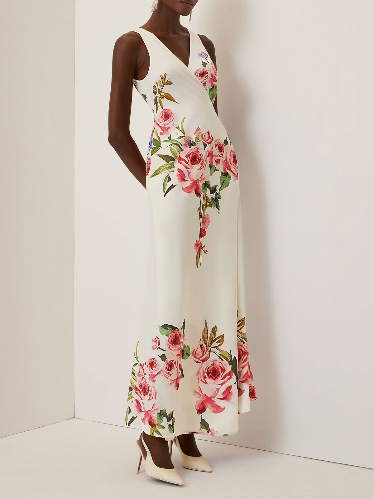 Pink Cross Floral Wrap Dress V Neck Sleeveless Mermaid Gown Dress
