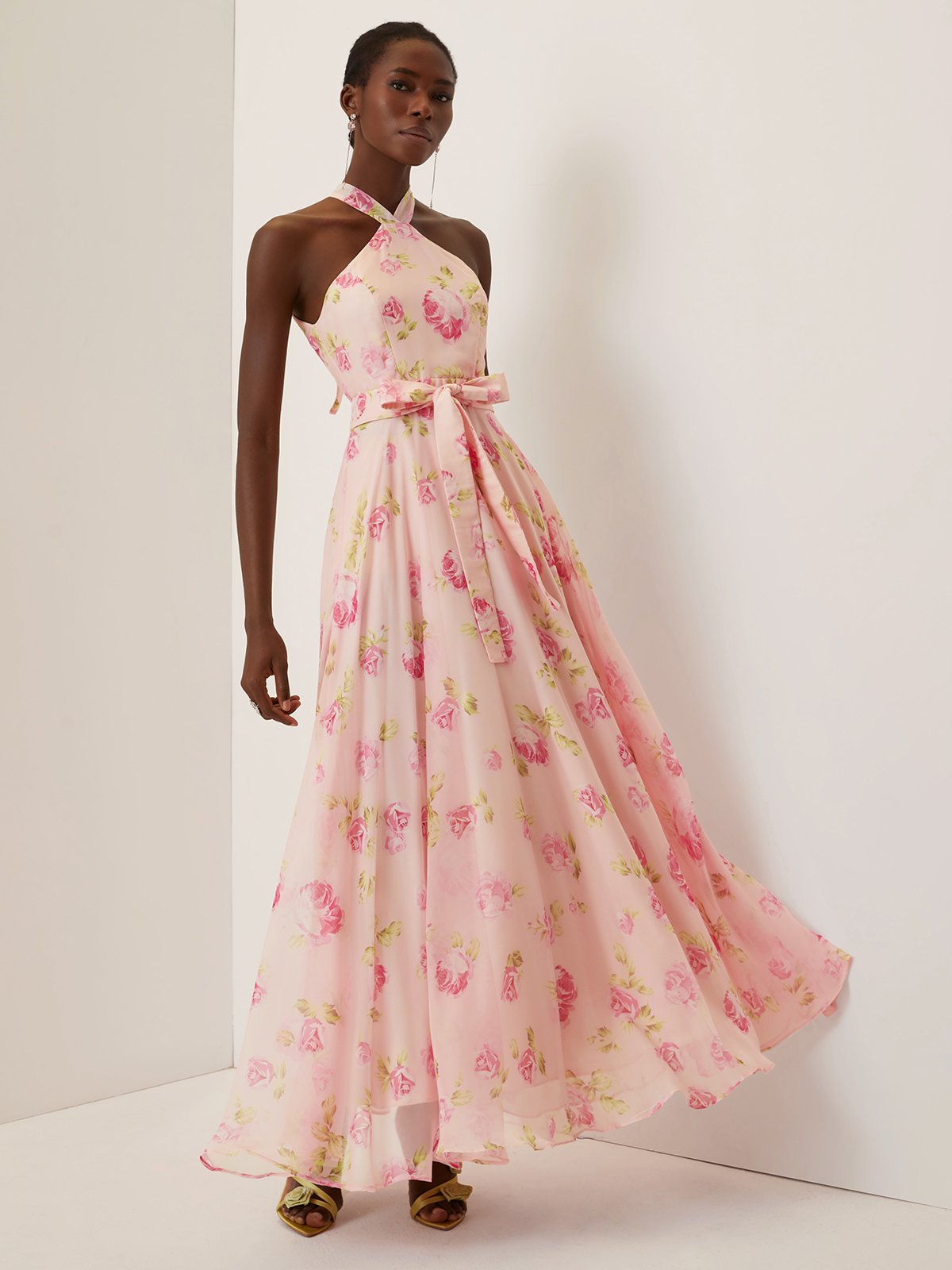 Pink Floral Chiffon Halter Sleeveless A-Line Maxi Dress