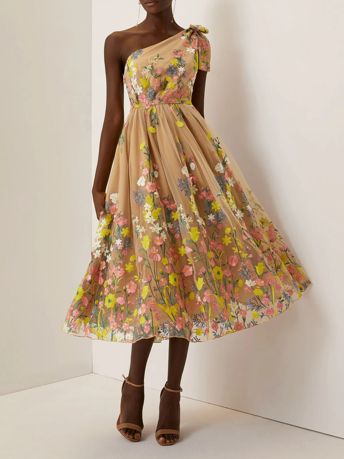 Green Embroidery Floral Classic One Shoulder Sleeveless A-Line Midi Dress