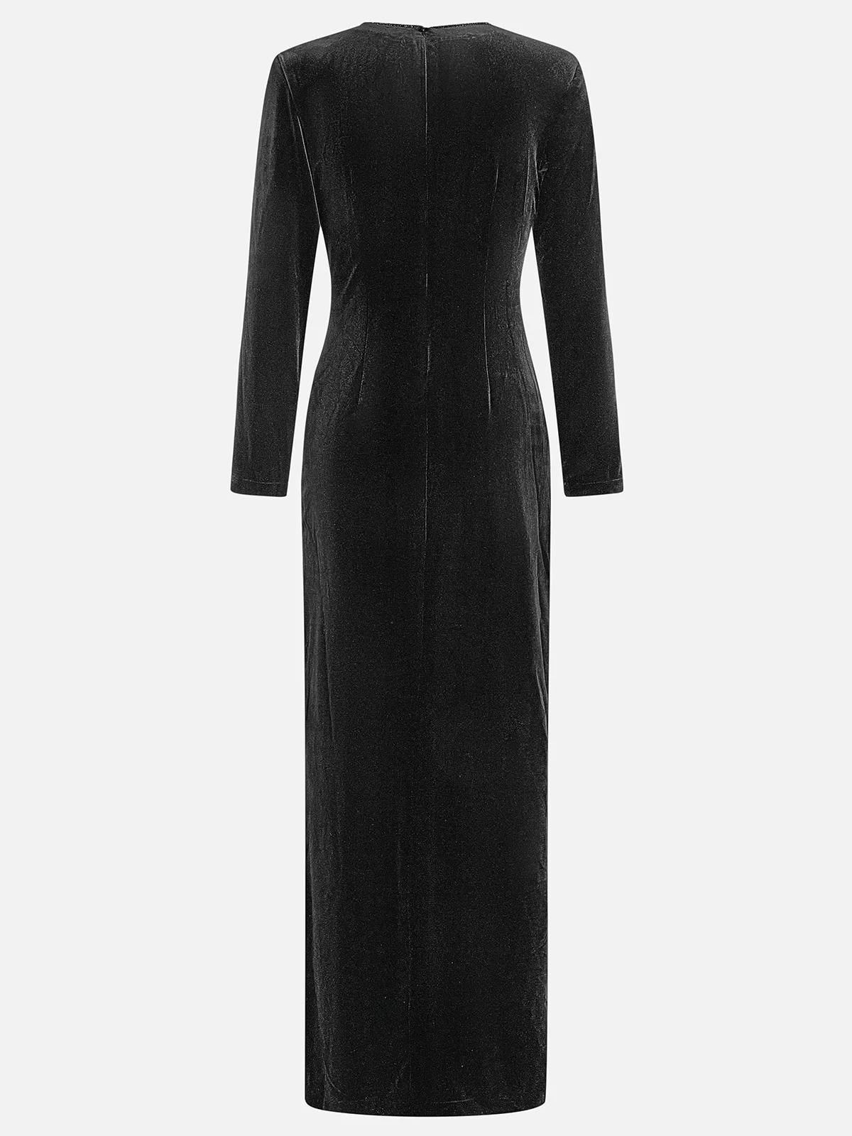 Black Bow Rhinestone Velvet Crew Neck Long Sleeve Sheath Maxi Dress