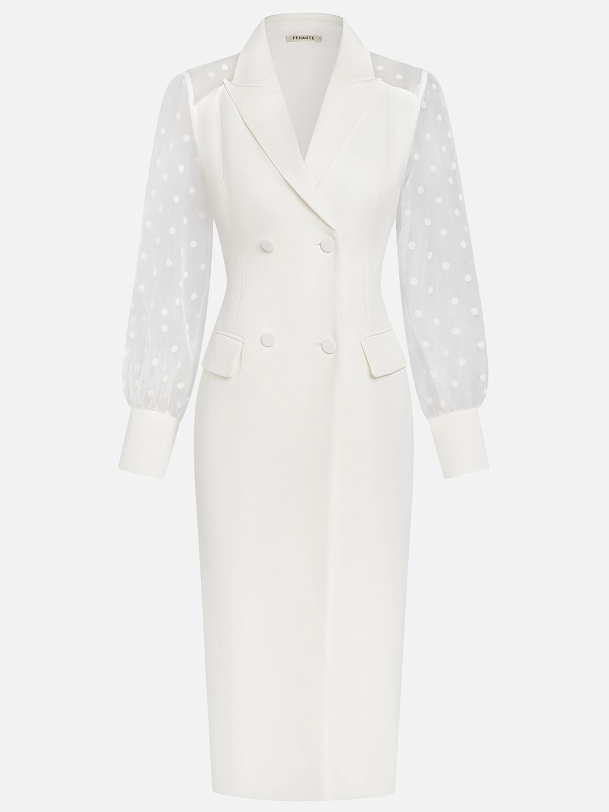 White Buckle Blazer Lapel Collar Long Sleeve Sheath Midi Dress
