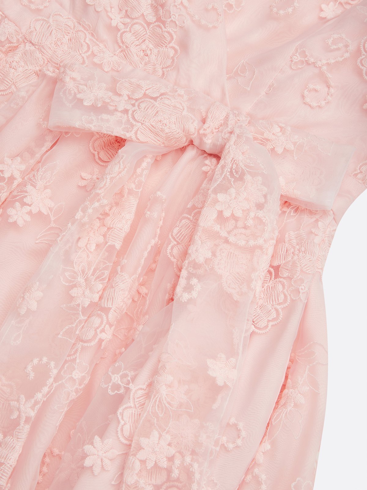 Light Pink Bow Embroidery Classic V Neck Sleeveless A-Line Midi Dress