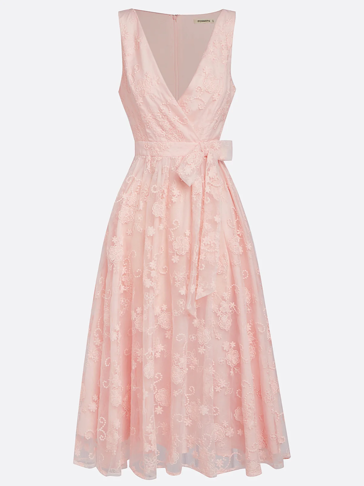Light Pink Bow Embroidery Classic V Neck Sleeveless A-Line Midi Dress
