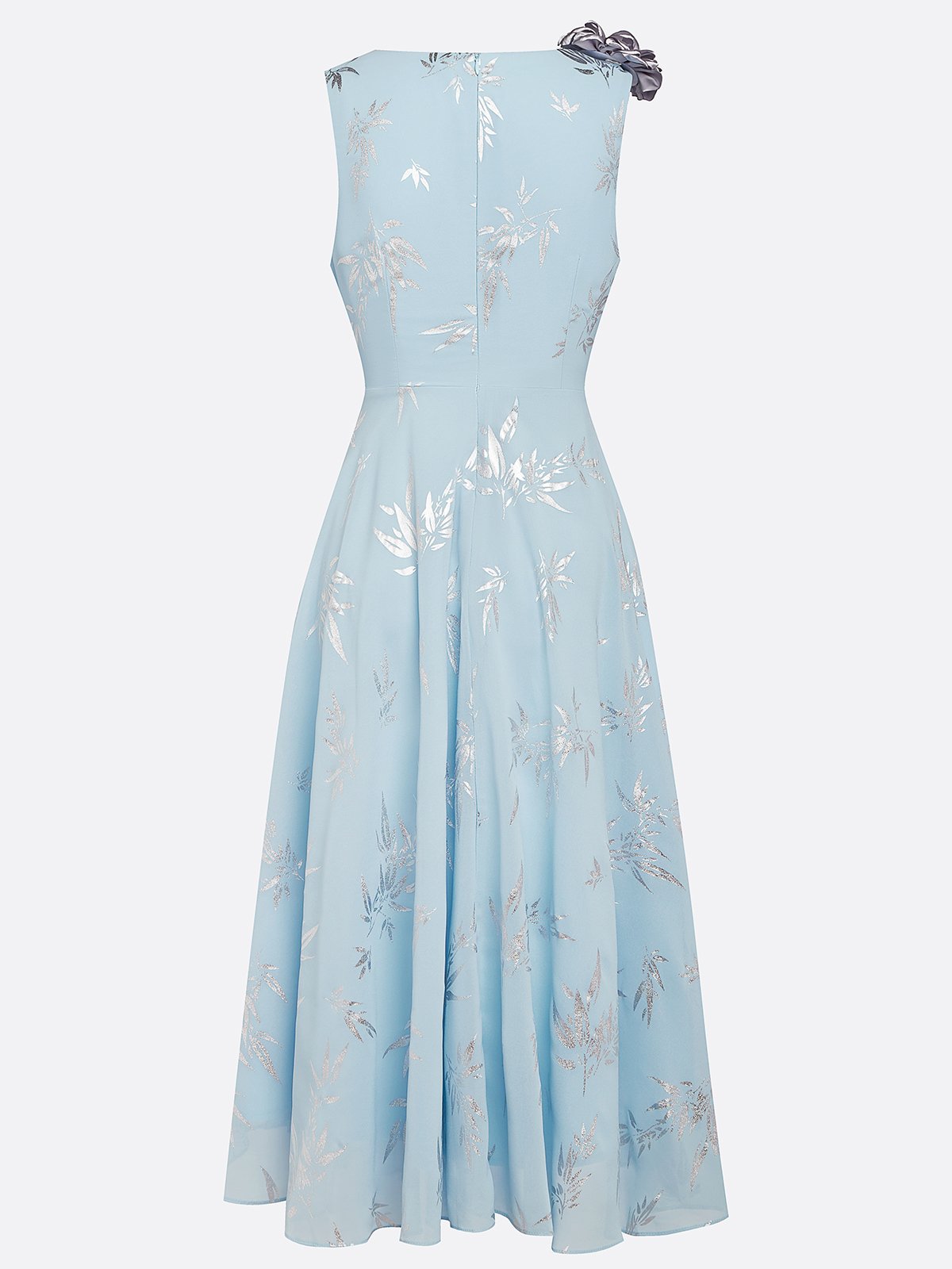Light Blue 3D Floral Chiffon V Neck Sleeveless A-Line Midi Dress