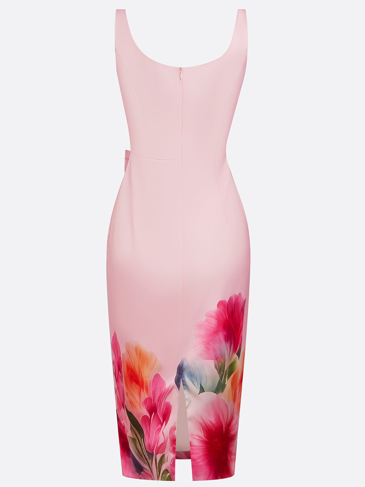 Pink Bow Floral Square Neck Sheath Midi Satin Dress