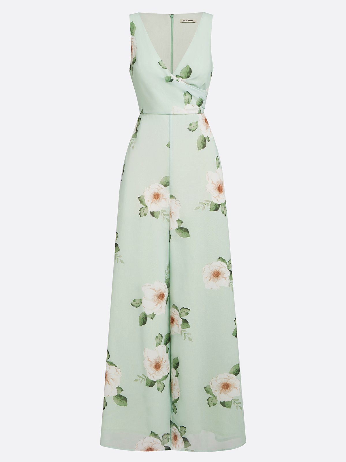 Light Green Floral V Neck Regular Fit Chiffon Jumpsuit