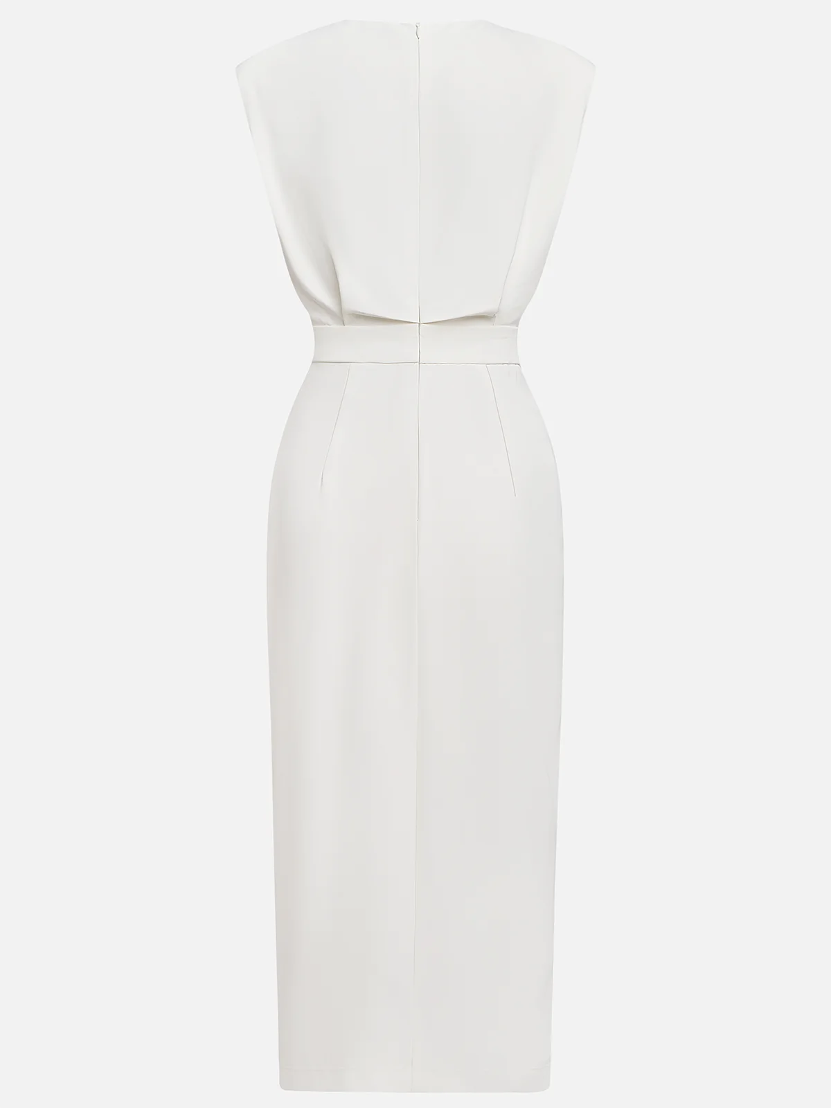 Off White Button Side-Slit Classic Crew Neck Sleeveless Sheath Midi Dress