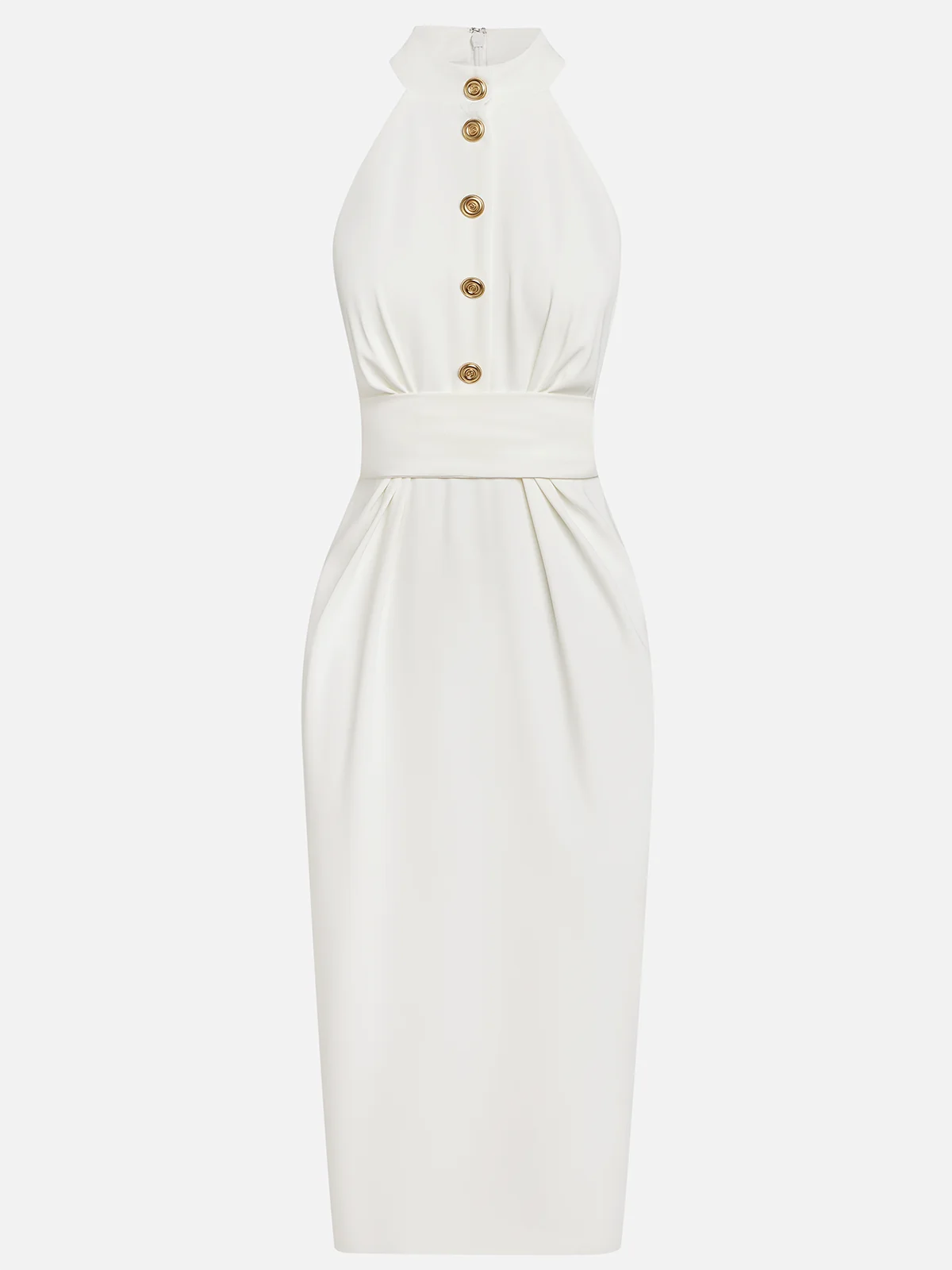White Buckle Ruched Classic Halter Sleeveless Sheath Midi Dress