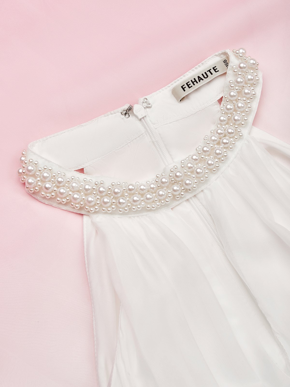 Pink Chiffon Halter Ombre Imitation Pearl Cut Out Sleeveless A-Line Mock Neck Maxi Dress