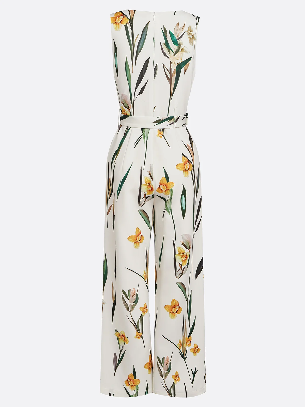 Women White Printing Deep V Neck Sleeveless Vacation Jumpsuit