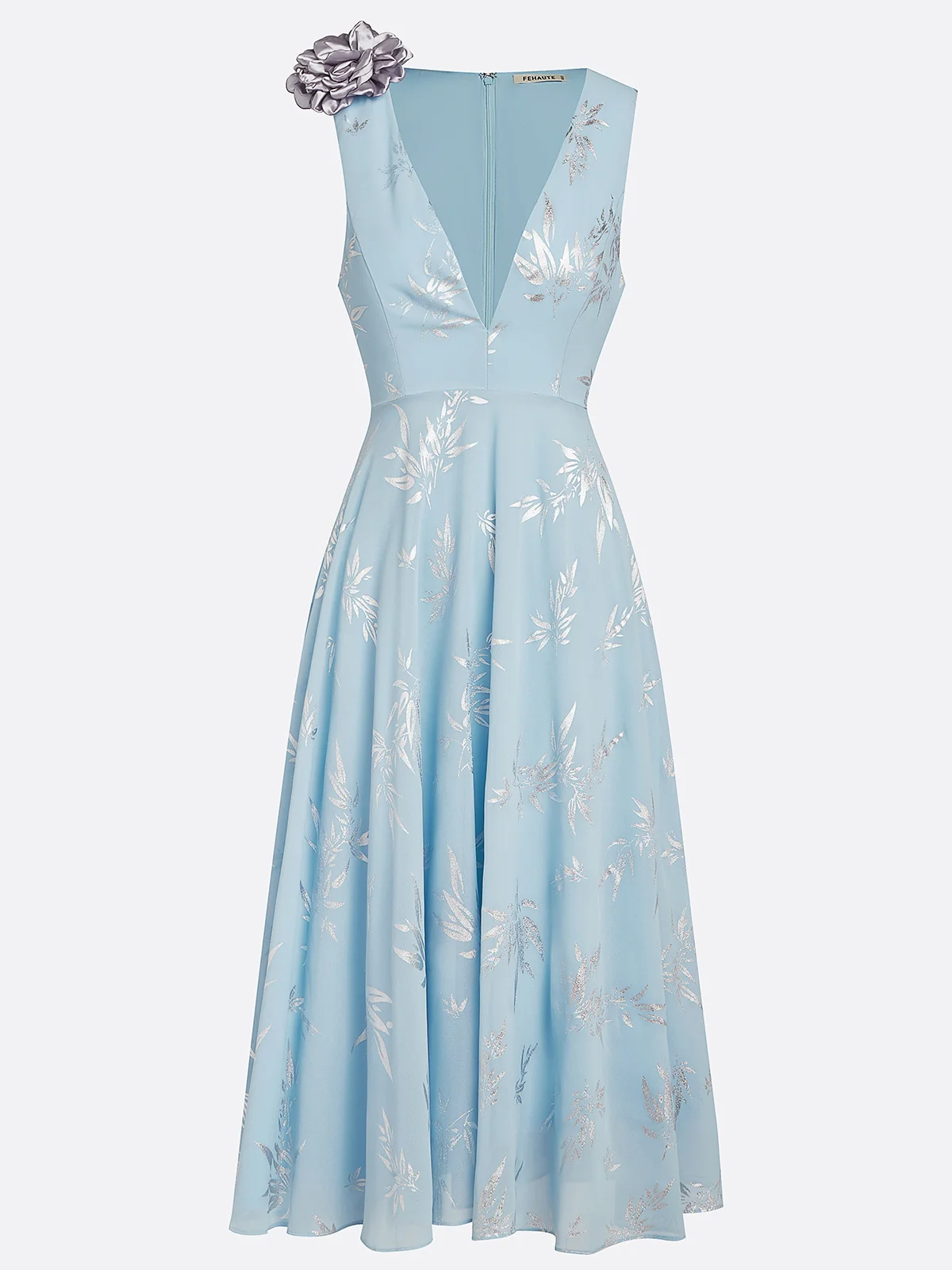 Light Blue 3D Floral Chiffon V Neck Sleeveless A-Line Midi Dress