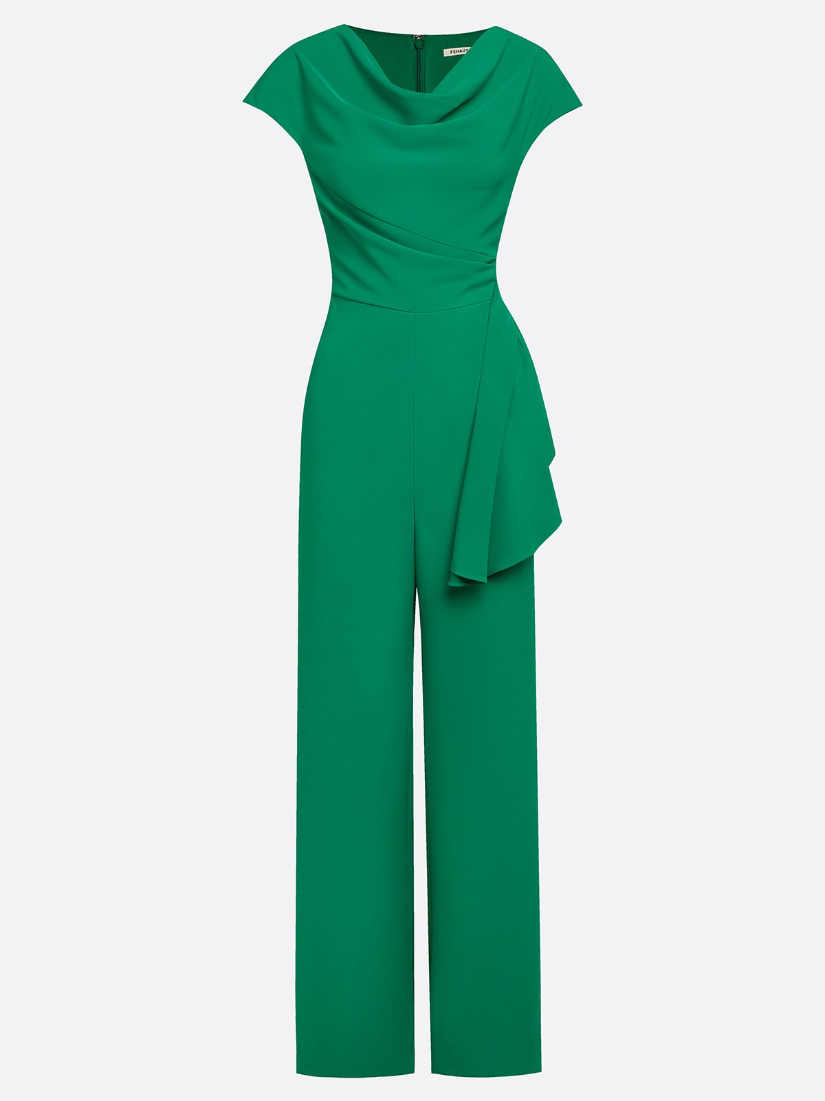 Women Green Ruched Cowl Neck Cap Sleeve Dressy Jumpsuit