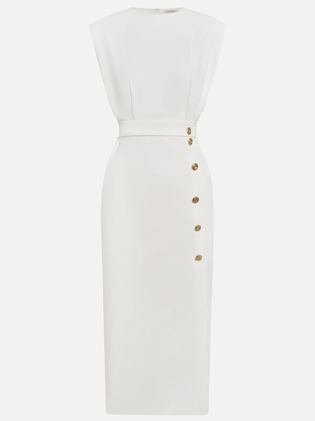 Off White Button Side-Slit Classic Crew Neck Sleeveless Sheath Midi Dress