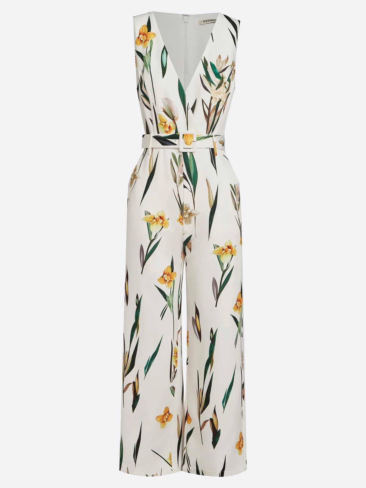 Women White Printing Deep V Neck Sleeveless Vacation Jumpsuit
