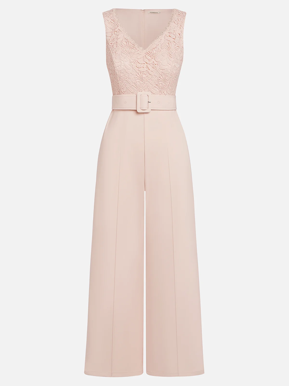 Women Pink Lace V Neck Sleeveless Dressy Jumpsuit