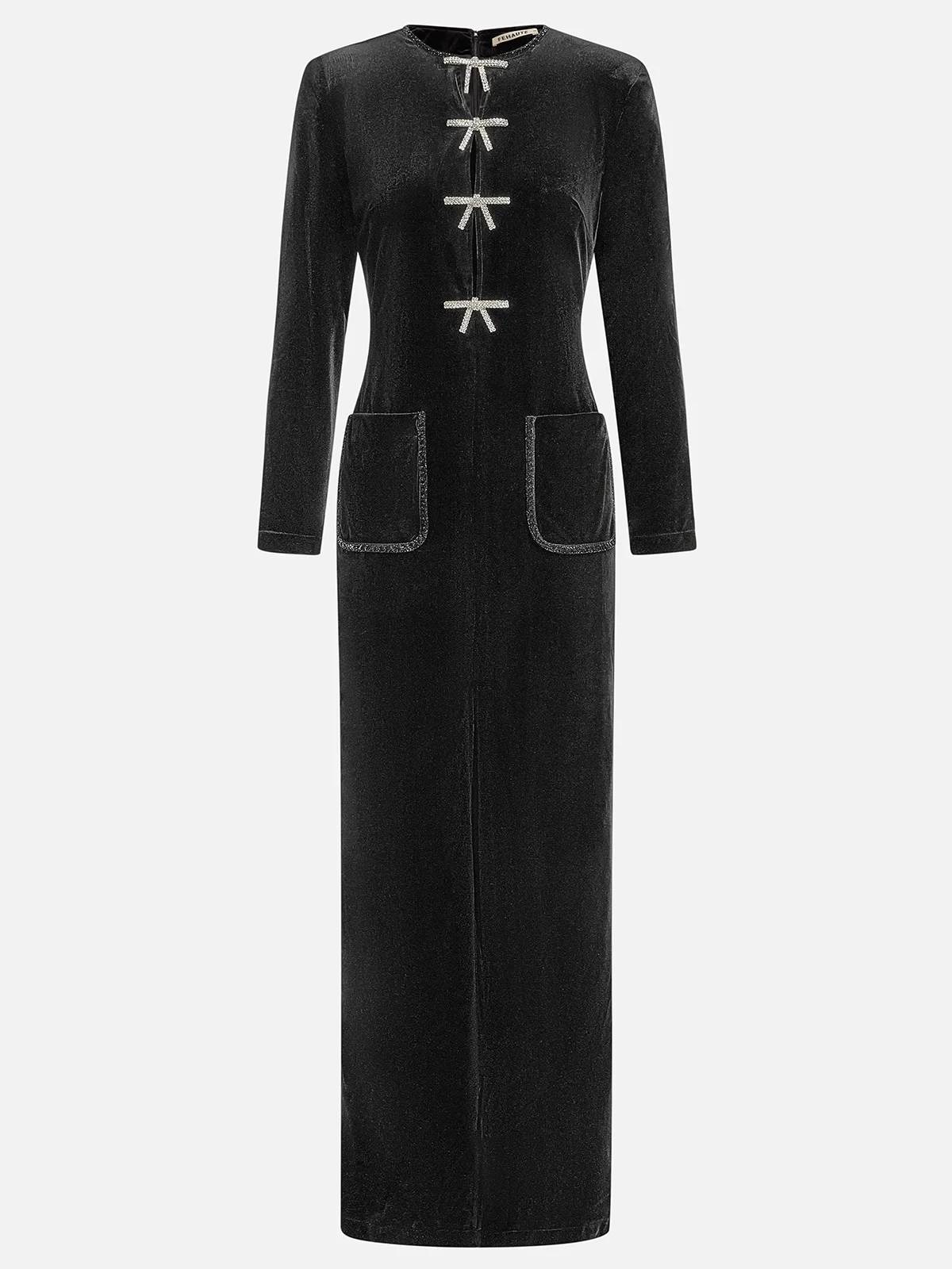 Black Bow Rhinestone Velvet Crew Neck Long Sleeve Sheath Maxi Dress