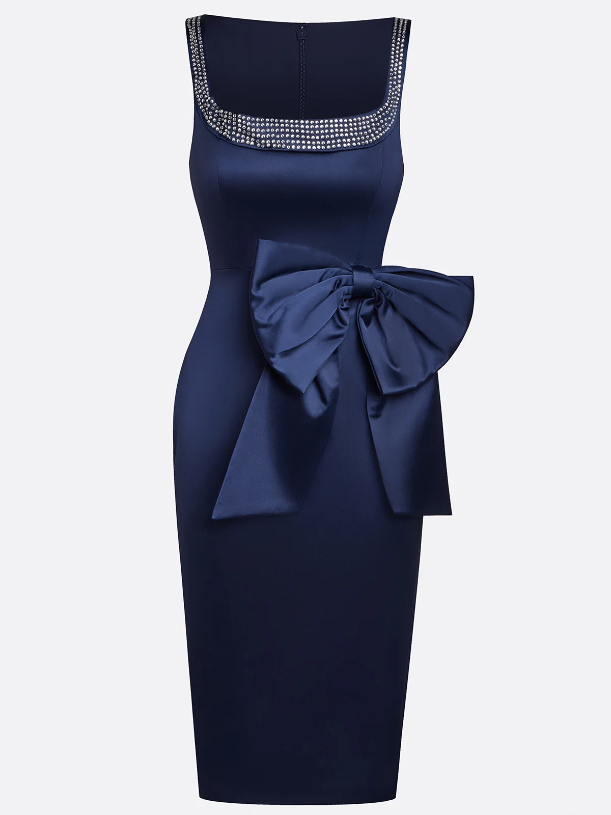Purplish Blue Hotfix Embellished Bow Classic Crew Neck Sleeveless Sheath Midi Dress