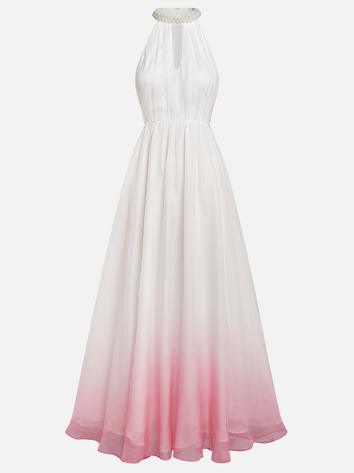 Pink Chiffon Halter Ombre Imitation Pearl Cut Out Sleeveless A-Line Mock Neck Maxi Dress