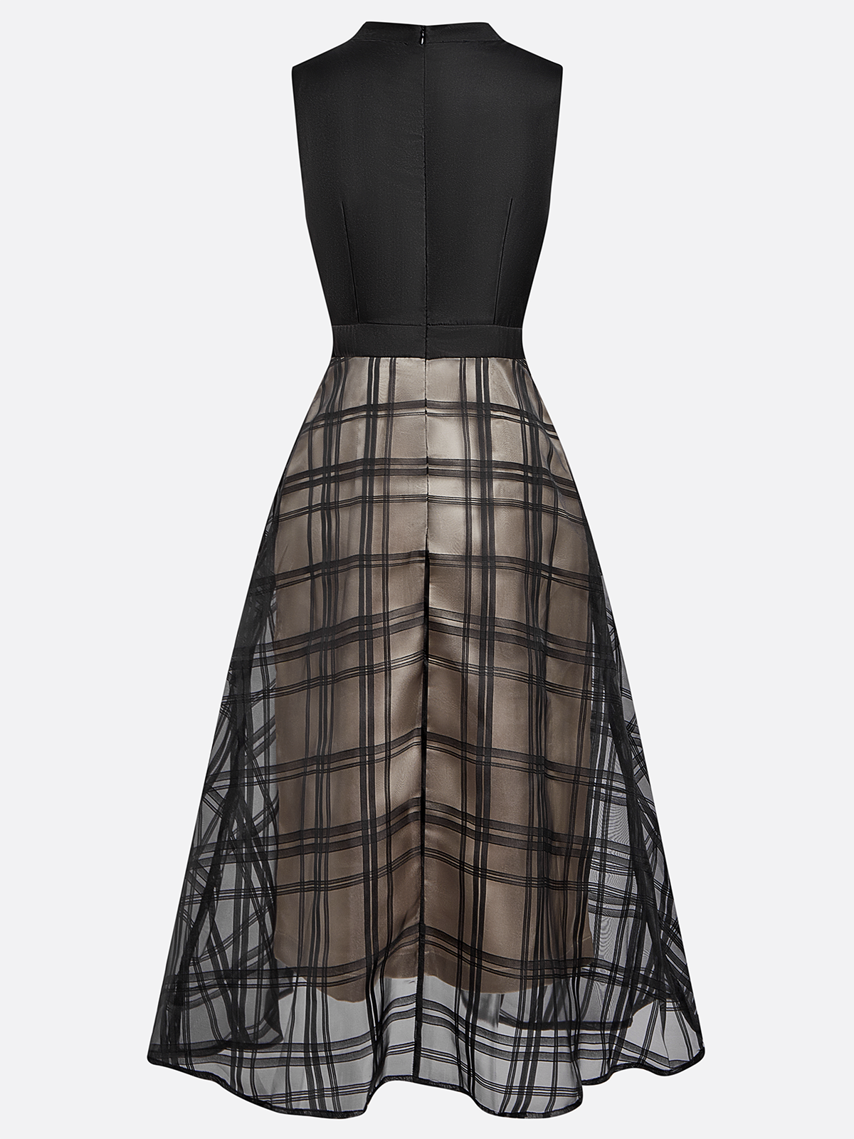 Black Organza Plaid Classic Mock Neck Sleeveless A-Line Midi Dress