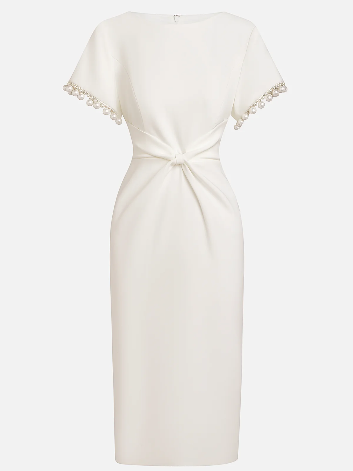 White Imitation Pearls Knot Front Classic Boat Neck Short Sleeve Sheath Midi Dress