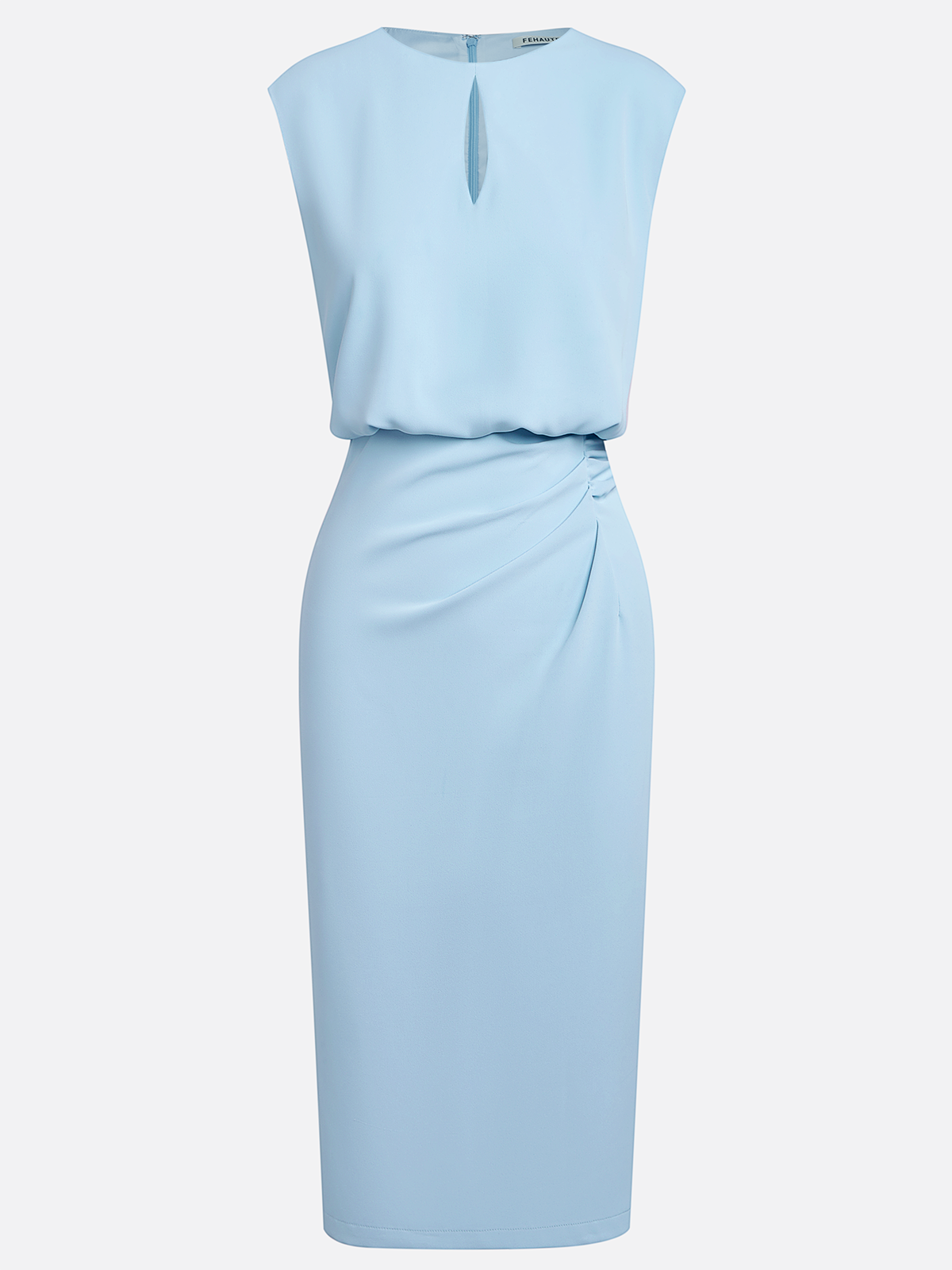 Light Blue Ruched Hollow Out Classic Crew Neck Cap Sleeve Sheath Midi Dress