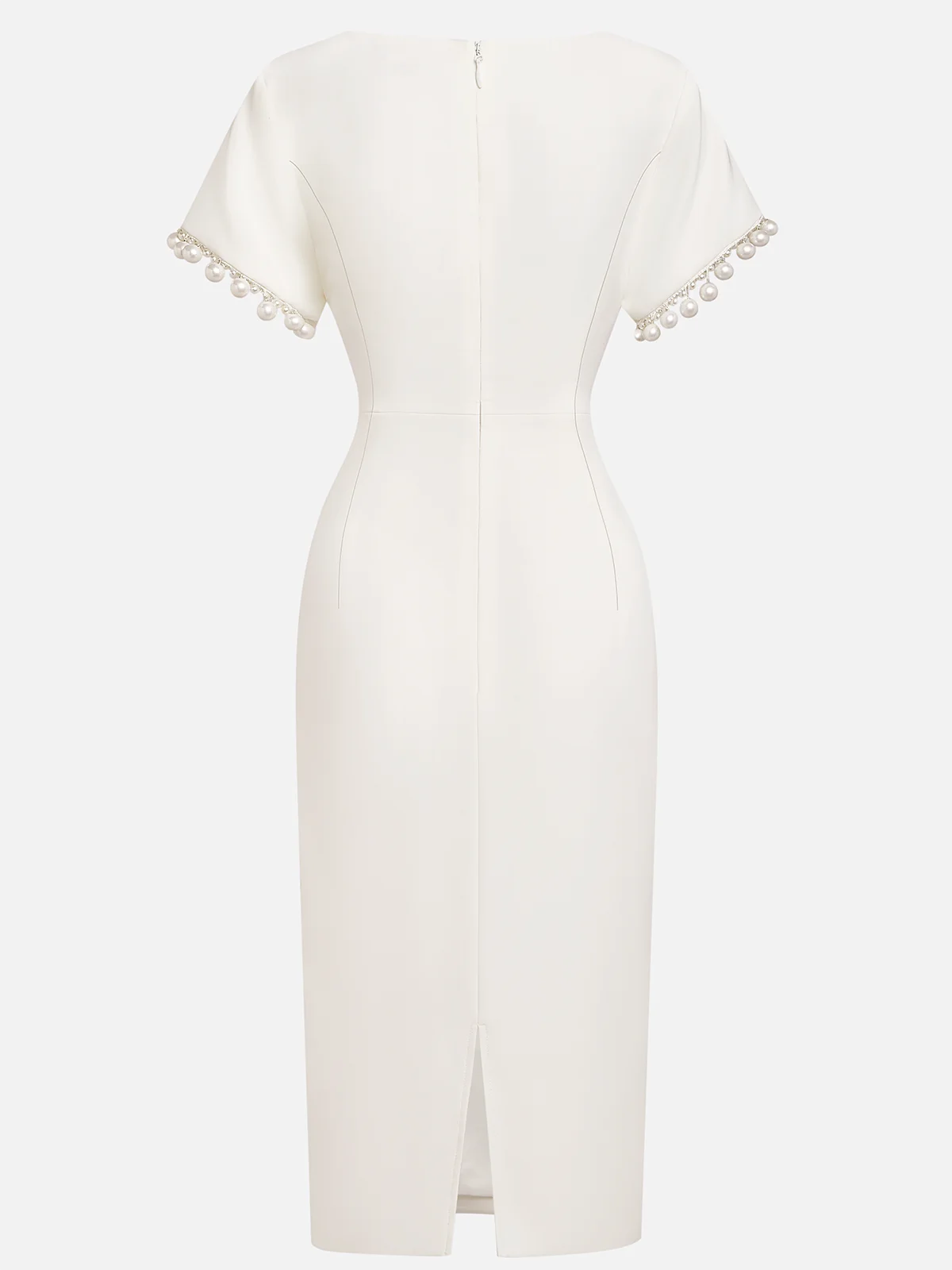 White Imitation Pearls Knot Front Classic Boat Neck Short Sleeve Sheath Midi Dress