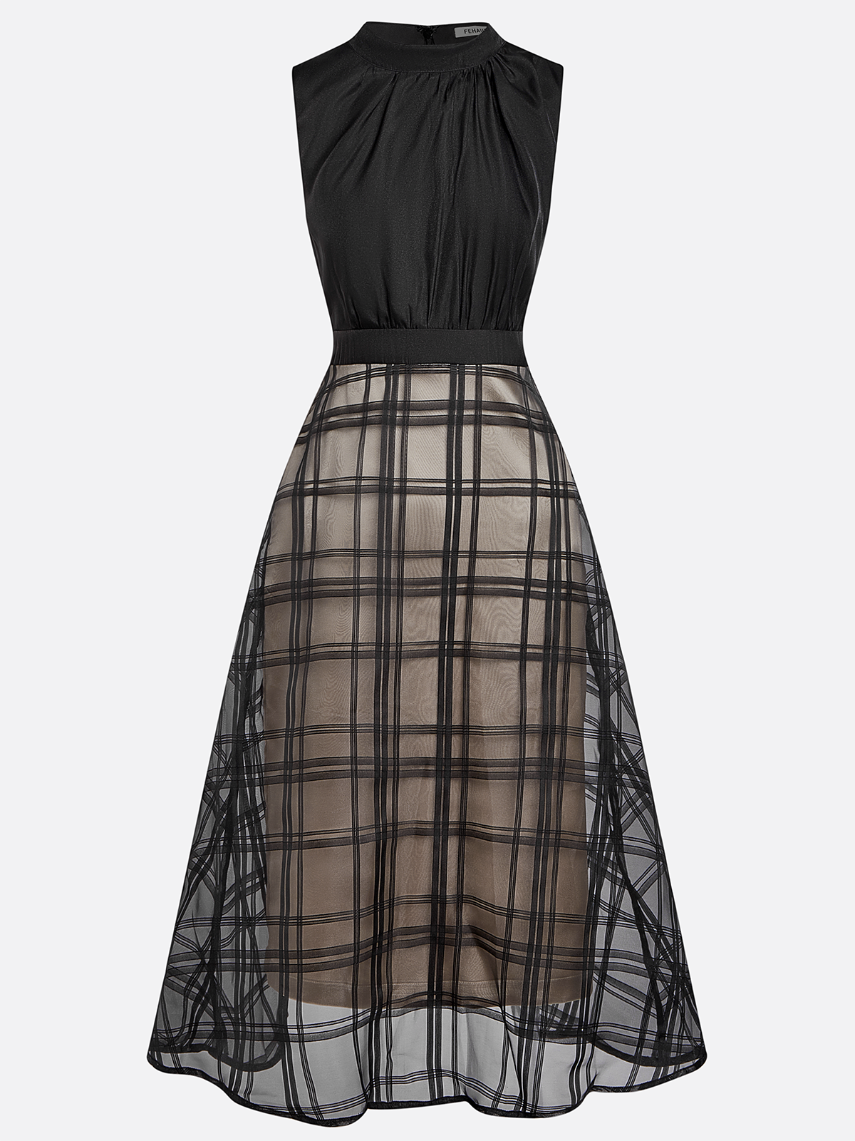 Black Organza Plaid Classic Mock Neck Sleeveless A-Line Midi Dress